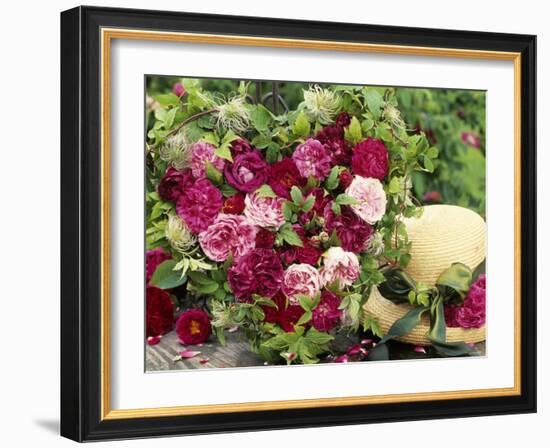 Heart Shaped Arrangement of Roses and Straw Hat-Elke Borkowski-Framed Photographic Print