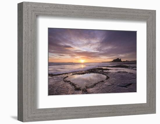 Heart shaped pool on Bamburgh Beach at sunrise, Northumberland, England. Spring (March) 2015.-Adam Burton-Framed Photographic Print