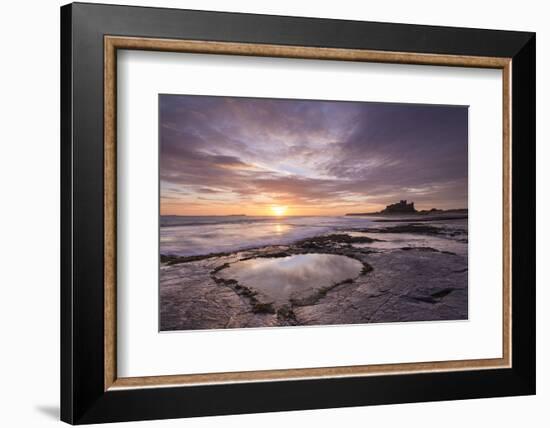 Heart shaped pool on Bamburgh Beach at sunrise, Northumberland, England. Spring (March) 2015.-Adam Burton-Framed Photographic Print