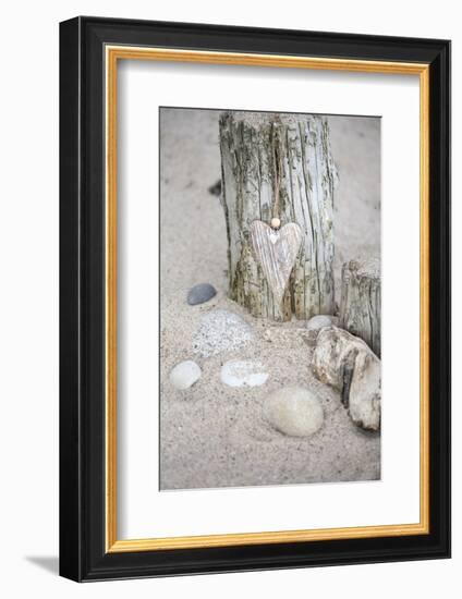 Heart, Tag, Wooden Pole, Stones, Beach, Symbol, Love-Andrea Haase-Framed Photographic Print