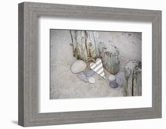 Heart, Tag, Wooden Pole, Stones, Beach, Symbol, Love-Andrea Haase-Framed Photographic Print