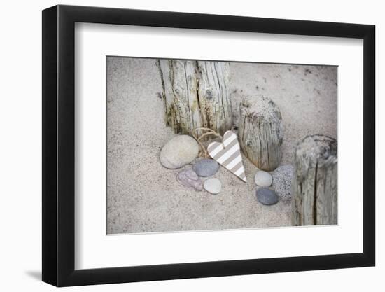 Heart, Tag, Wooden Pole, Stones, Beach, Symbol, Love-Andrea Haase-Framed Photographic Print