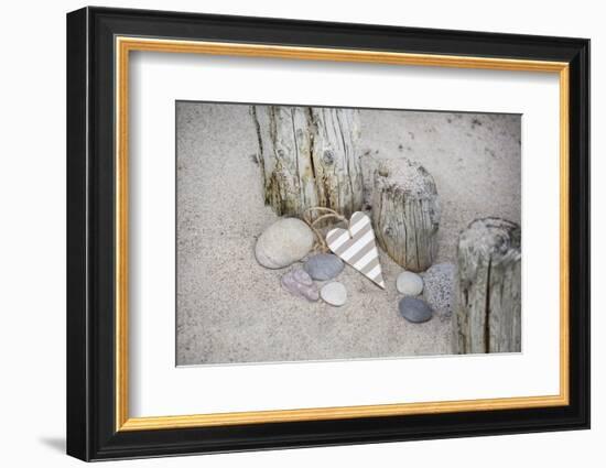 Heart, Tag, Wooden Pole, Stones, Beach, Symbol, Love-Andrea Haase-Framed Photographic Print