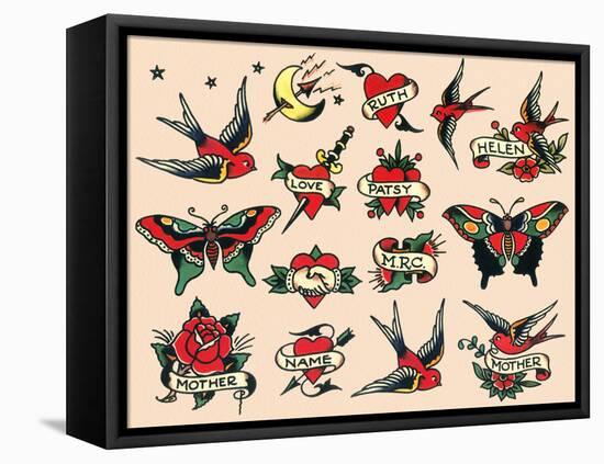 Hearts and Sparrows, Authentic Vintage Tatooo Flash by Norman Collins, aka, Sailor Jerry-Piddix-Framed Stretched Canvas