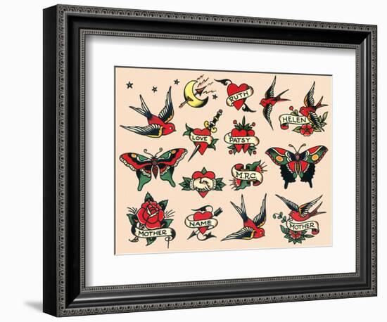 Hearts and Sparrows, Authentic Vintage Tatooo Flash by Norman Collins, aka, Sailor Jerry-Piddix-Framed Art Print