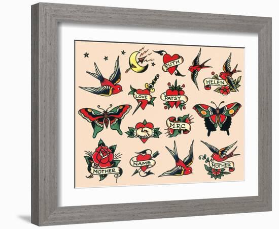 Hearts and Sparrows, Authentic Vintage Tatooo Flash by Norman Collins, aka, Sailor Jerry-Piddix-Framed Art Print