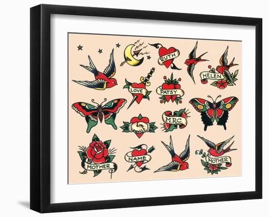 Hearts and Sparrows, Authentic Vintage Tatooo Flash by Norman Collins, aka, Sailor Jerry-Piddix-Framed Art Print