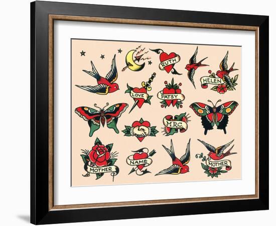 Hearts and Sparrows, Authentic Vintage Tatooo Flash by Norman Collins, aka, Sailor Jerry-Piddix-Framed Art Print