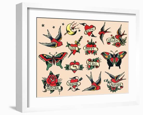 Hearts and Sparrows, Authentic Vintage Tatooo Flash by Norman Collins, aka, Sailor Jerry-Piddix-Framed Art Print