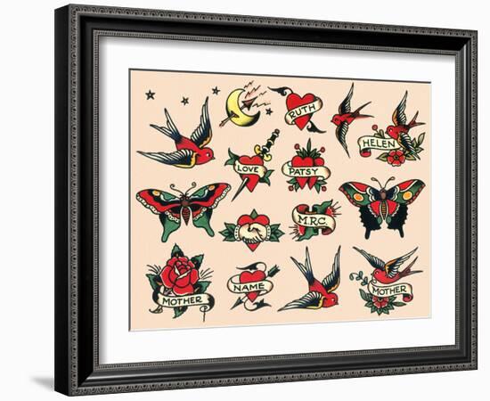 Hearts and Sparrows, Authentic Vintage Tatooo Flash by Norman Collins, aka, Sailor Jerry-Piddix-Framed Art Print