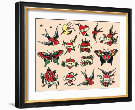 Hearts and Sparrows, Authentic Vintage Tatooo Flash by Norman Collins, aka, Sailor Jerry-Piddix-Framed Art Print