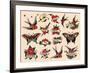 Hearts and Sparrows, Authentic Vintage Tatooo Flash by Norman Collins, aka, Sailor Jerry-Piddix-Framed Art Print