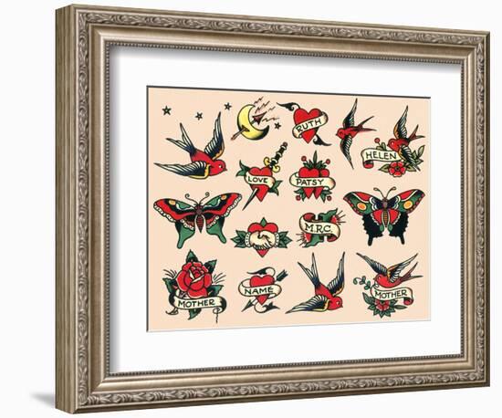 Hearts and Sparrows, Authentic Vintage Tatooo Flash by Norman Collins, aka, Sailor Jerry-Piddix-Framed Premium Giclee Print