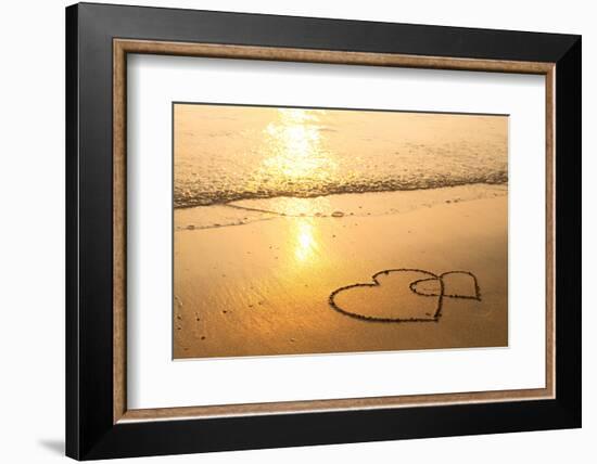 Hearts Drawn on the Sand of a Beach, Soft Wave of the Sea.-De Visu-Framed Photographic Print