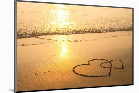 Hearts Drawn on the Sand of a Beach, Soft Wave of the Sea.-De Visu-Mounted Photographic Print