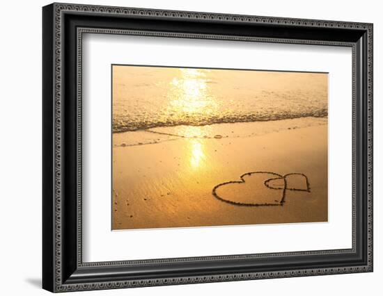 Hearts Drawn on the Sand of a Beach, Soft Wave of the Sea.-De Visu-Framed Photographic Print