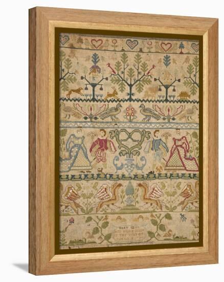 Hearts, Shrubs, Birds, And Men in Dress with an Inscription at the Bottom Sampler-null-Framed Premier Image Canvas