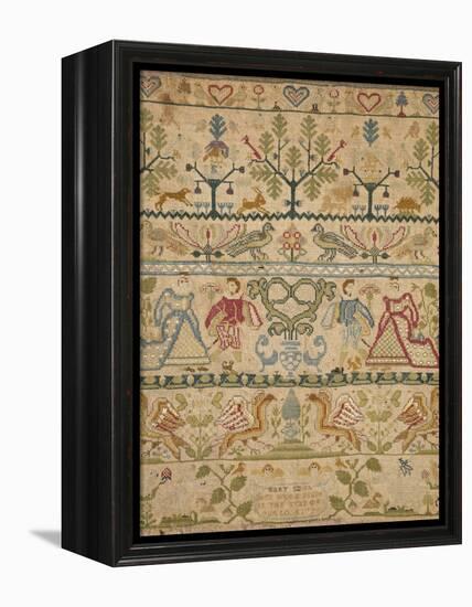 Hearts, Shrubs, Birds, And Men in Dress with an Inscription at the Bottom Sampler-null-Framed Premier Image Canvas