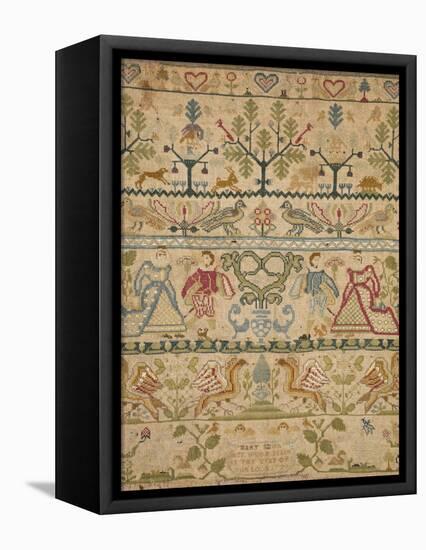 Hearts, Shrubs, Birds, And Men in Dress with an Inscription at the Bottom Sampler-null-Framed Premier Image Canvas