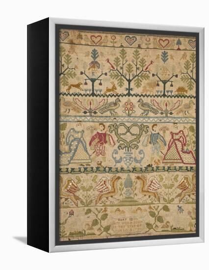 Hearts, Shrubs, Birds, And Men in Dress with an Inscription at the Bottom Sampler-null-Framed Premier Image Canvas