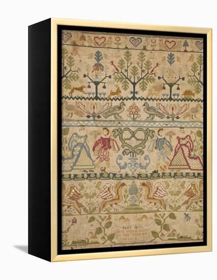 Hearts, Shrubs, Birds, And Men in Dress with an Inscription at the Bottom Sampler-null-Framed Premier Image Canvas