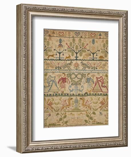 Hearts, Shrubs, Birds, And Men in Dress with an Inscription at the Bottom Sampler-null-Framed Giclee Print