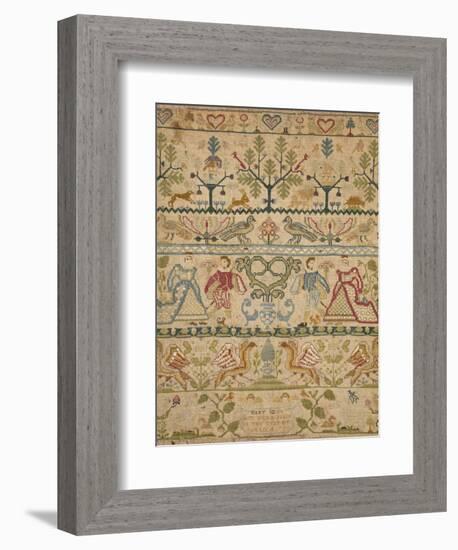 Hearts, Shrubs, Birds, And Men in Dress with an Inscription at the Bottom Sampler-null-Framed Giclee Print