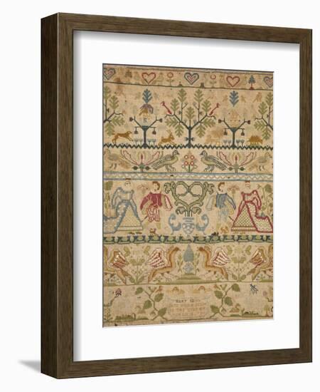 Hearts, Shrubs, Birds, And Men in Dress with an Inscription at the Bottom Sampler-null-Framed Giclee Print