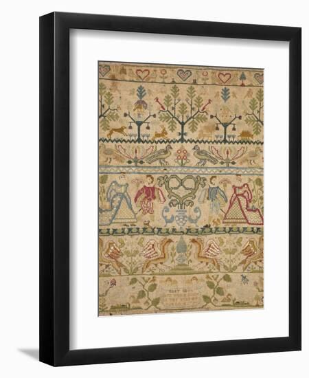 Hearts, Shrubs, Birds, And Men in Dress with an Inscription at the Bottom Sampler-null-Framed Giclee Print