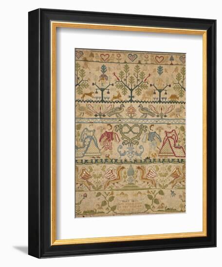 Hearts, Shrubs, Birds, And Men in Dress with an Inscription at the Bottom Sampler-null-Framed Giclee Print