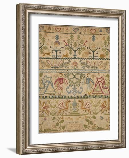 Hearts, Shrubs, Birds, And Men in Dress with an Inscription at the Bottom Sampler-null-Framed Giclee Print