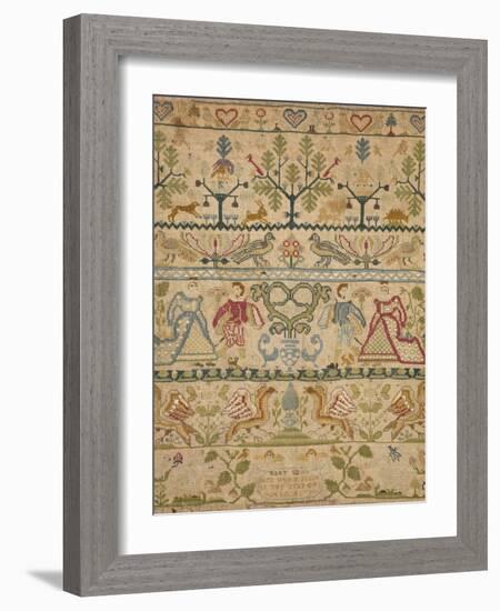 Hearts, Shrubs, Birds, And Men in Dress with an Inscription at the Bottom Sampler-null-Framed Giclee Print