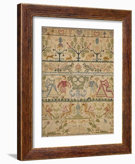 Hearts, Shrubs, Birds, And Men in Dress with an Inscription at the Bottom Sampler-null-Framed Giclee Print