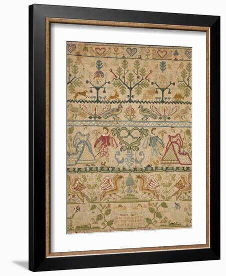Hearts, Shrubs, Birds, And Men in Dress with an Inscription at the Bottom Sampler-null-Framed Giclee Print