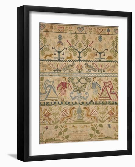 Hearts, Shrubs, Birds, And Men in Dress with an Inscription at the Bottom Sampler-null-Framed Giclee Print