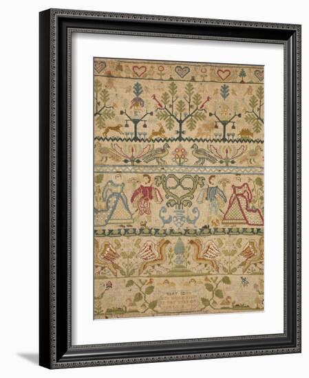 Hearts, Shrubs, Birds, And Men in Dress with an Inscription at the Bottom Sampler-null-Framed Giclee Print