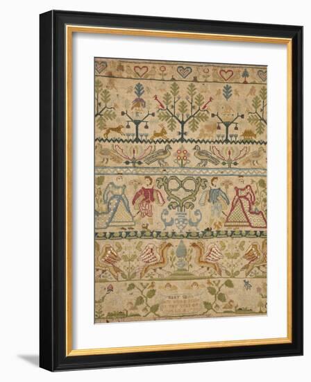 Hearts, Shrubs, Birds, And Men in Dress with an Inscription at the Bottom Sampler-null-Framed Giclee Print