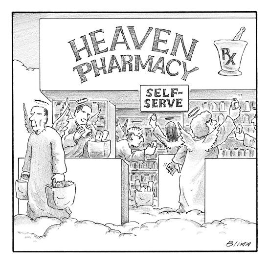 Download Heaven Pharmacy features angels loading up on medications. - New Yorker Cartoon Premium Giclee ...