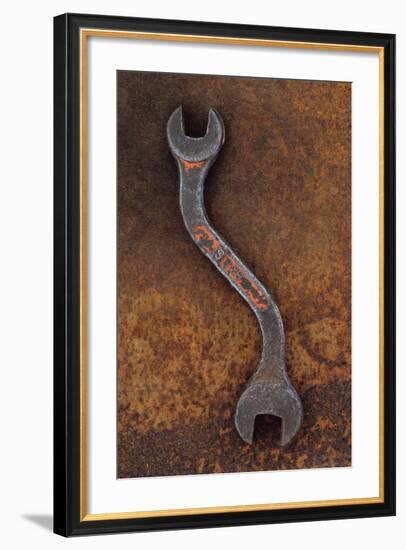 Heavy Double-headed Spanner with Bend in Handle Lying On Rusty Metal Sheet-Den Reader-Framed Photographic Print