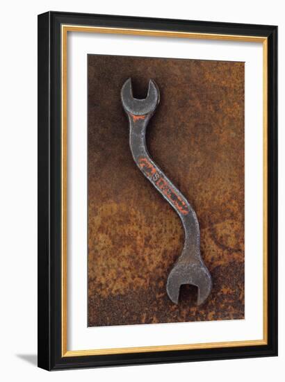 Heavy Double-headed Spanner with Bend in Handle Lying On Rusty Metal Sheet-Den Reader-Framed Photographic Print