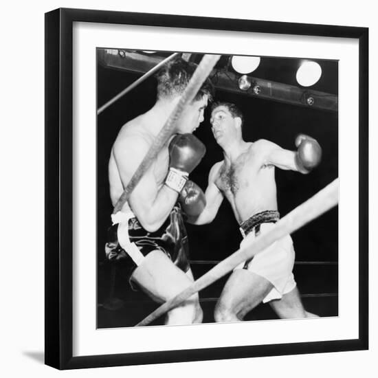 Heavyweight Champion Rocky Marciano (Right) Backs Roland Lastarza Against the Ropes-null-Framed Premium Photographic Print