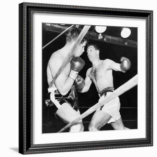 Heavyweight Champion Rocky Marciano (Right) Backs Roland Lastarza Against the Ropes-null-Framed Premium Photographic Print