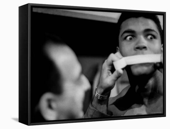 Heavyweight Contender Cassius Clay, Getting His Mouth Taped by Trainer Angelo Dundee-George Silk-Framed Premier Image Canvas