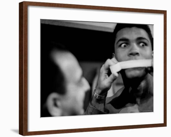 Heavyweight Contender Cassius Clay, Getting His Mouth Taped by Trainer Angelo Dundee-George Silk-Framed Premium Photographic Print