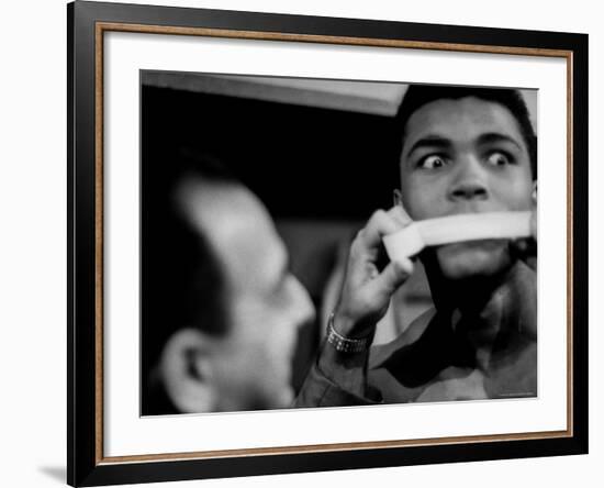 Heavyweight Contender Cassius Clay, Getting His Mouth Taped by Trainer Angelo Dundee-George Silk-Framed Premium Photographic Print