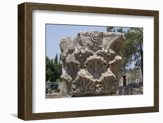 Hebrew Menorah Carved into Stone Capital in Roman Town of Capernaum-Hal Beral-Framed Photographic Print