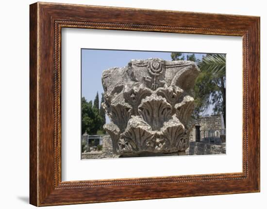 Hebrew Menorah Carved into Stone Capital in Roman Town of Capernaum-Hal Beral-Framed Photographic Print