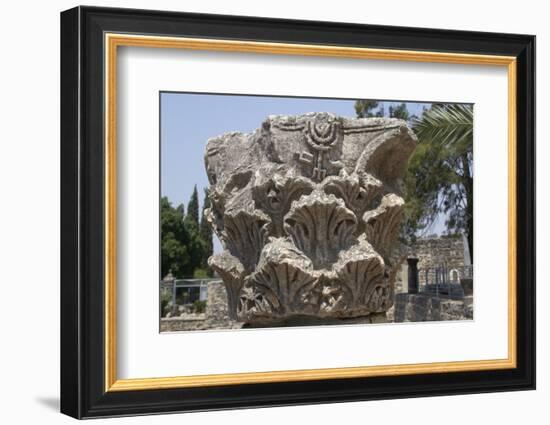 Hebrew Menorah Carved into Stone Capital in Roman Town of Capernaum-Hal Beral-Framed Photographic Print