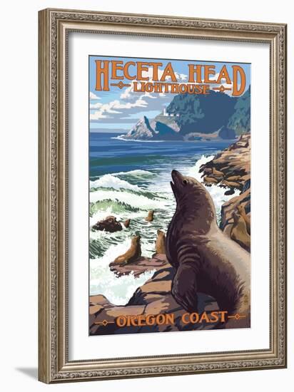 Heceta Head Lighthouse - Sea Lions-Lantern Press-Framed Art Print