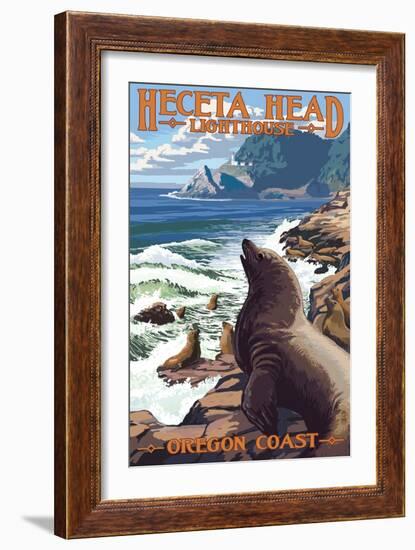 Heceta Head Lighthouse - Sea Lions-Lantern Press-Framed Art Print